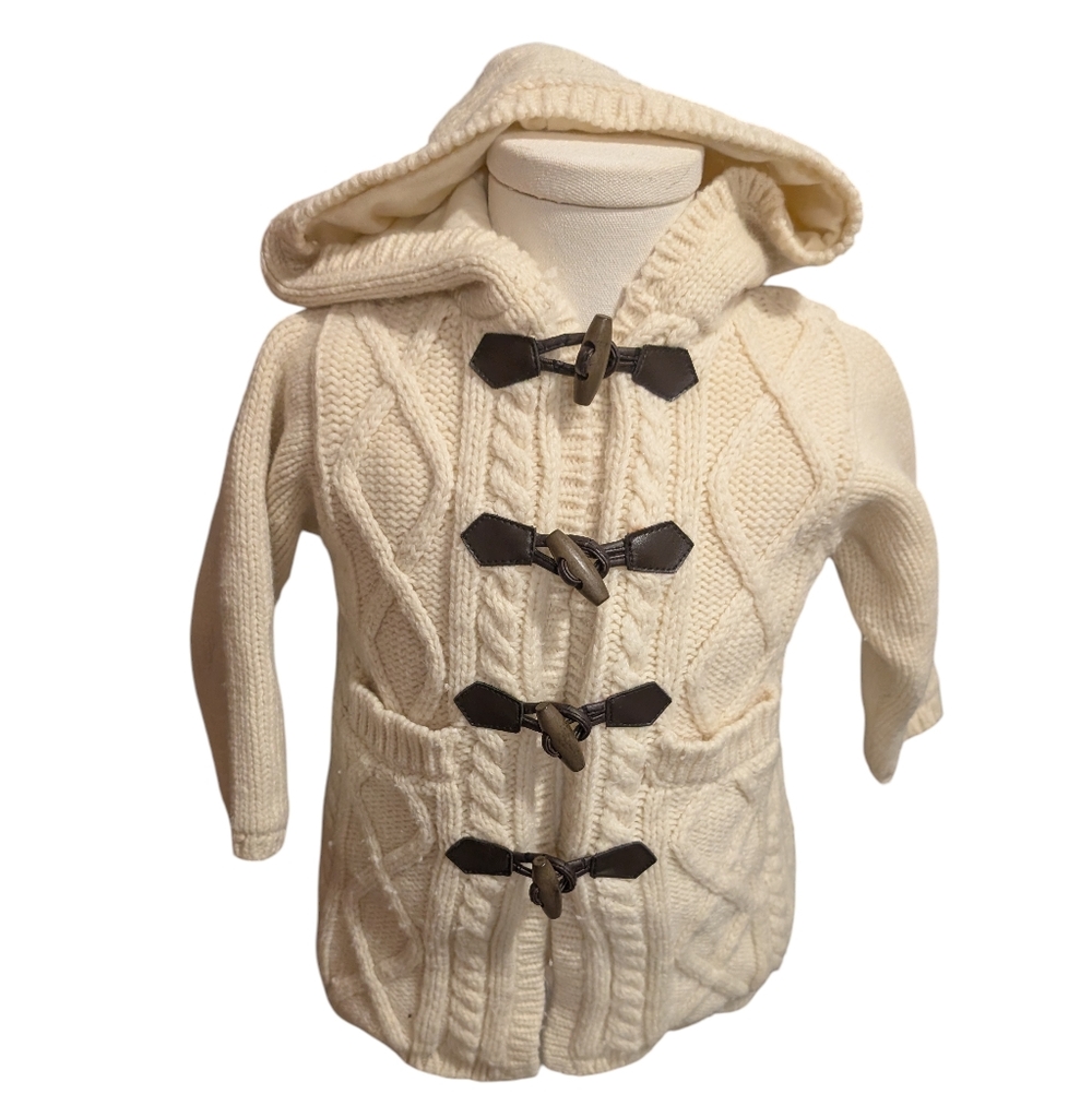Y2K vintage baby Gap cream wool Hooded cable knit Sweater jacket Toggle Closures